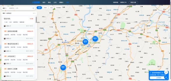 电脑端附近职位地图,左侧为岗位列表